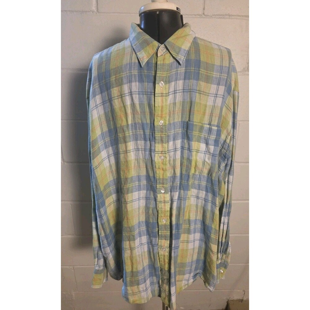 J Crew 100% Linen Coastal Button Down Check Shirt Mens XL  Green Blue  EUC